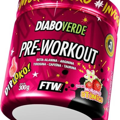 FTW Pré-Treino Diabo Verde Diploko em Pó com Cafeína, Aminoácidos Beta‑Alanina e Arginina para Treinos e Atividades Físicas - Pote 300 g (Morango Atômico)