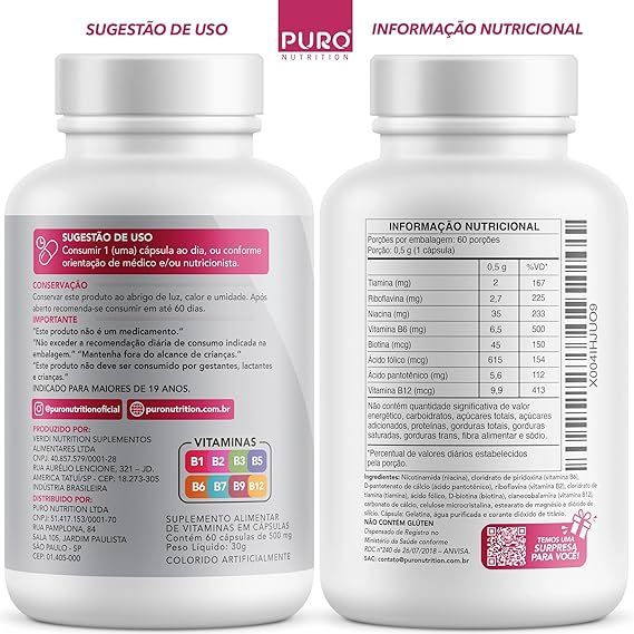 Biotina + Puro Nutrition Pele, Cabelo e Unhas, 45 mcg de Biotina por dose, Vitaminas B1, B2, B3, B5, B6, B9 e B12, 60 Cápsulas - Image 2