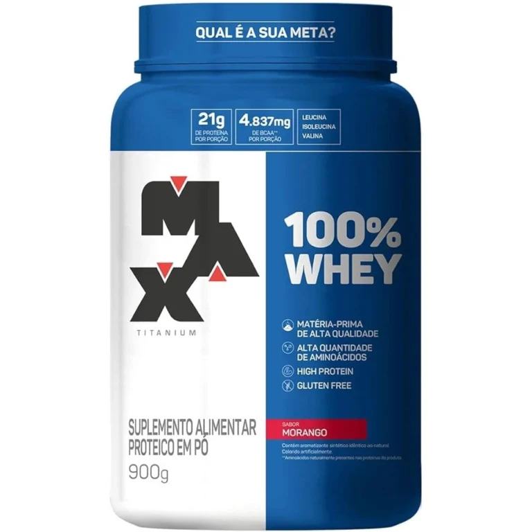 100% Whey 900g Pote - Max Titanium- Morango